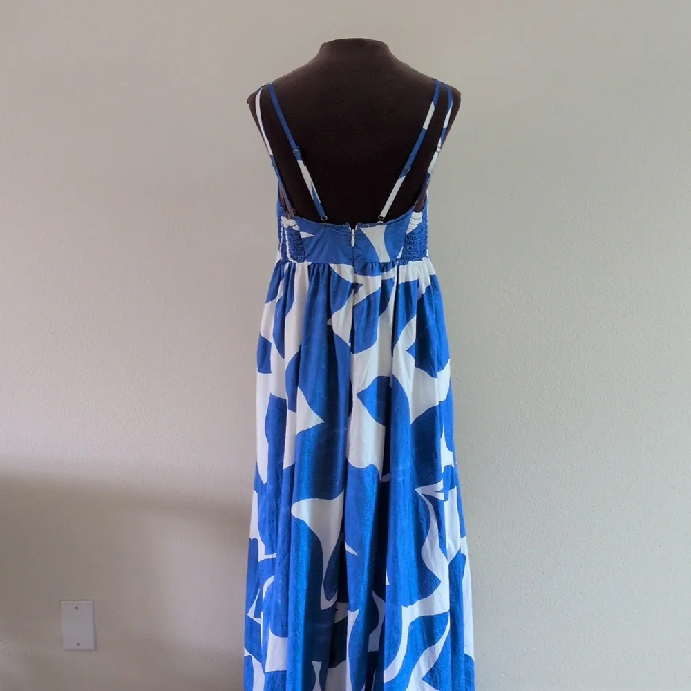 ANTHROPOLOGIE Dress MED Printed Babydoll Smock Maxi Blue White Abstract Strappy - Picture 7 of 11
